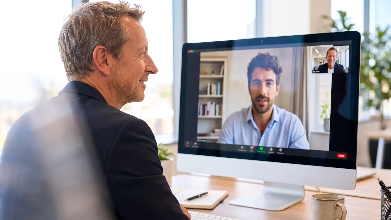 Rainer Stolte im 1:1-Videocall mit einem Unternehmer, entspannt lächelnd vor seinem iMac