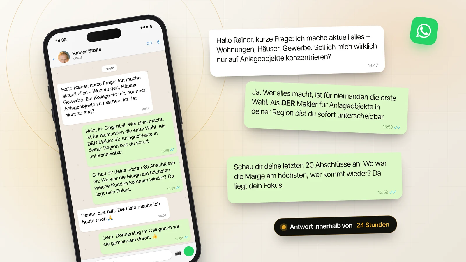 WhatsApp-Chat auf dem Handy: Ein Immobilienmakler fragt Rainer, ob er sich auf Anlageobjekte spezialisieren soll, Rainer antwortet mit einem klaren Rat zur Positionierung