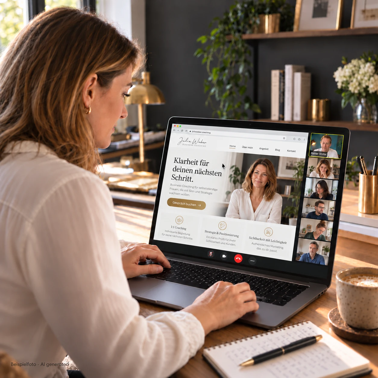 Eine Teilnehmerin im Videocall: Ihre neue Website ist auf dem Bildschirm, rechts die Sessions-Gruppe mit Rainer Stolte